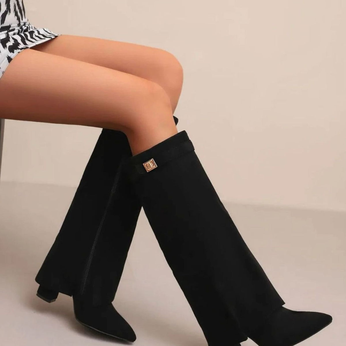 Women's Suede Knee-High Buckle Strap Wedge Boots
