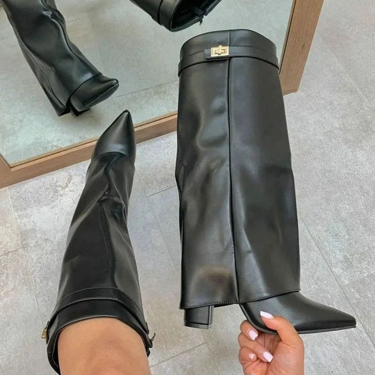 Women's Suede Knee-High Buckle Strap Wedge Boots