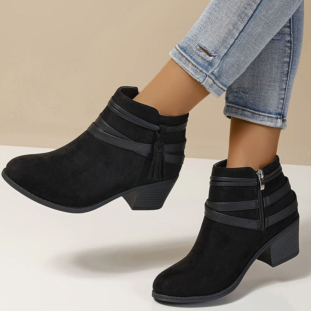 Women's Suede-Look Block Heel Ankle Boots with Tassel Straps