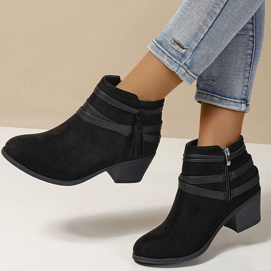 Women's Suede-Look Block Heel Ankle Boots with Tassel Straps
