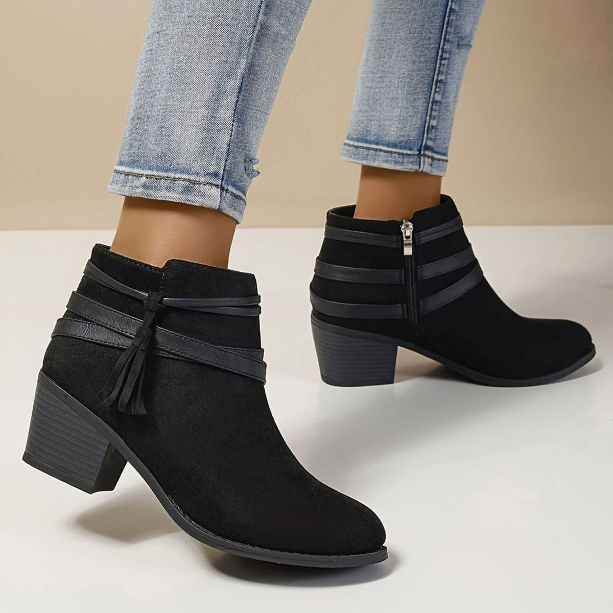Women's Suede-Look Block Heel Ankle Boots with Tassel Straps