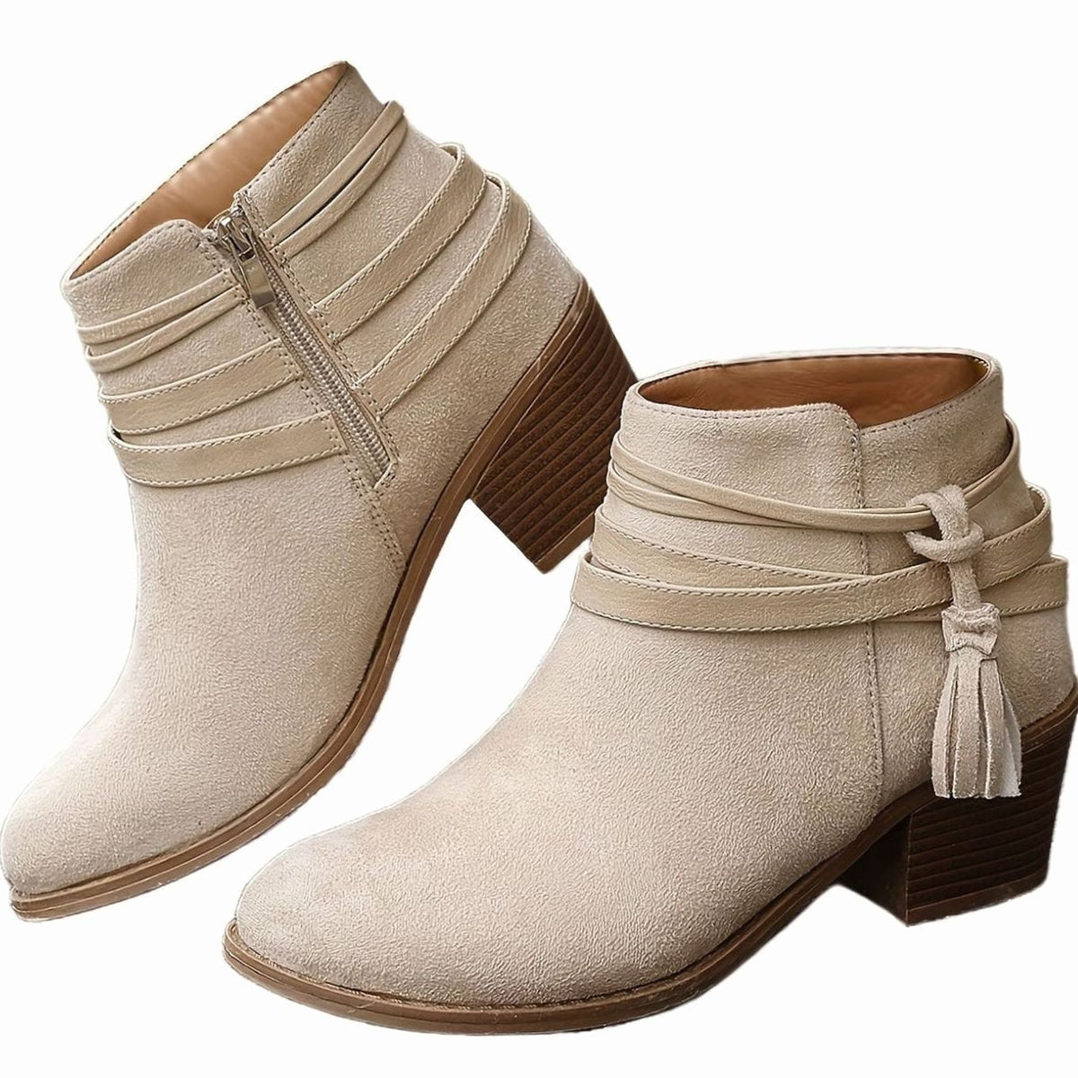 Women's Suede-Look Block Heel Ankle Boots with Tassel Straps