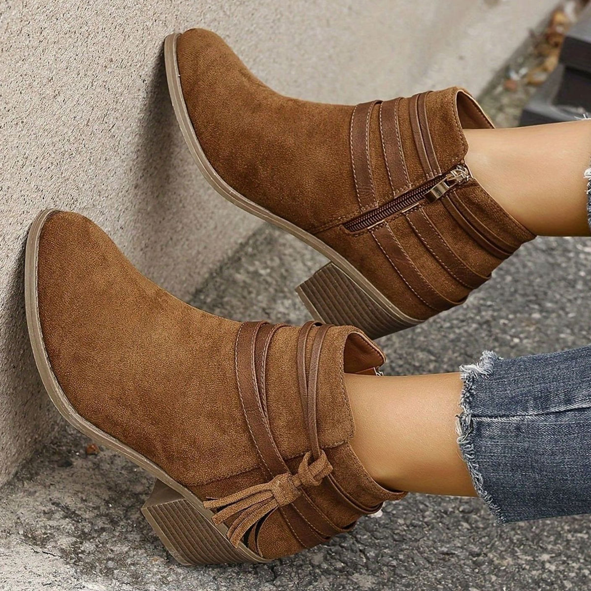 Women's Suede-Look Block Heel Ankle Boots with Tassel Straps