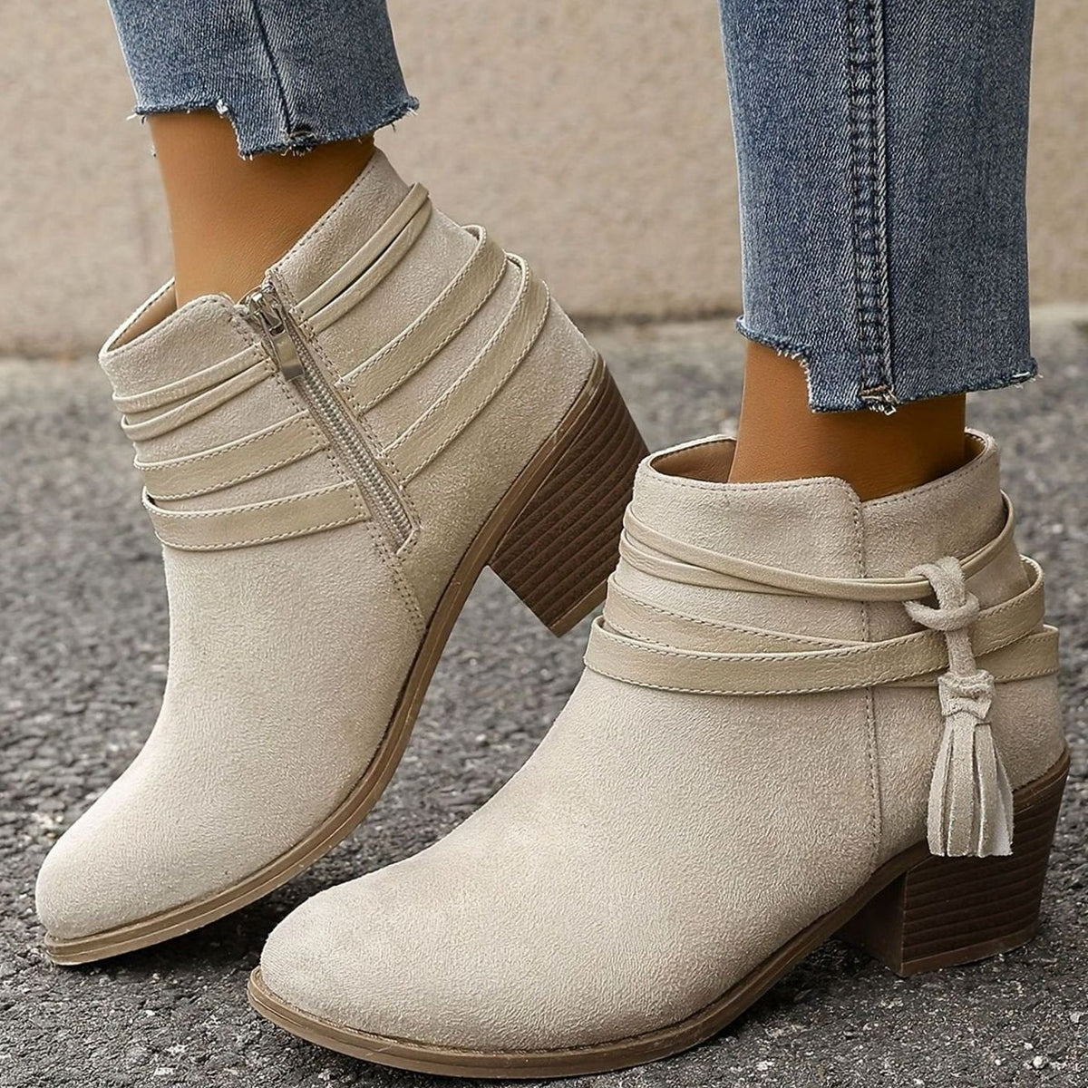 Women's Suede-Look Block Heel Ankle Boots with Tassel Straps