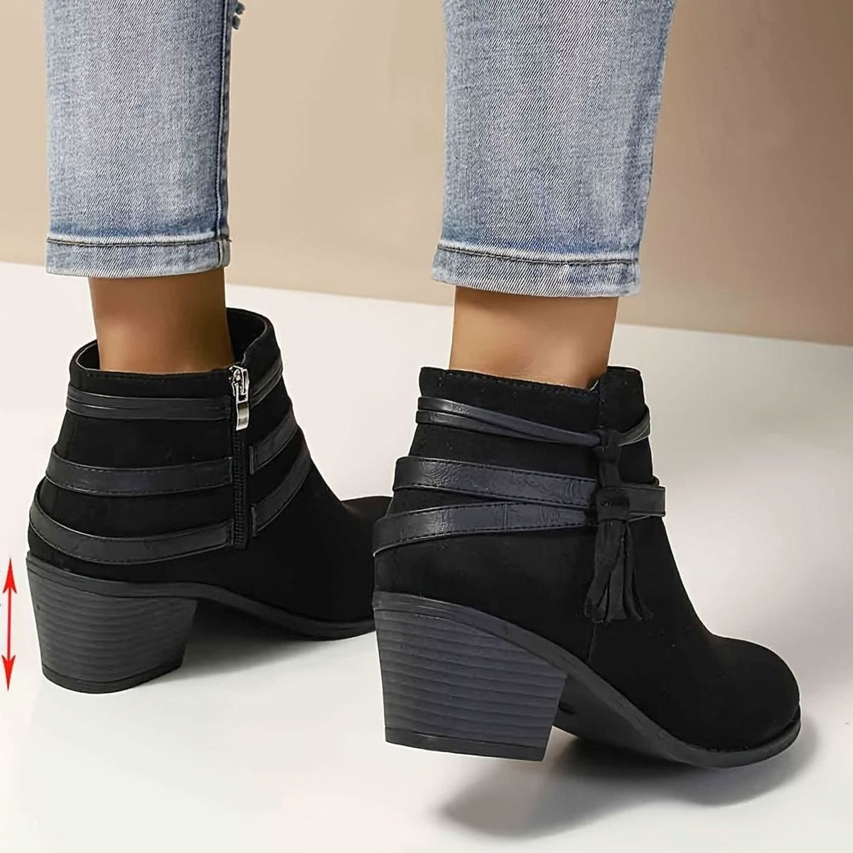 Women's Suede-Look Block Heel Ankle Boots with Tassel Straps