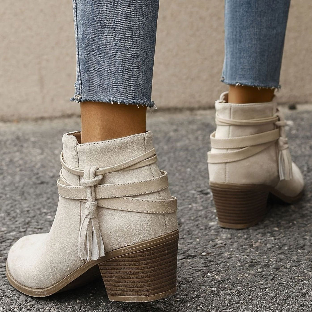 Women's Suede-Look Block Heel Ankle Boots with Tassel Straps