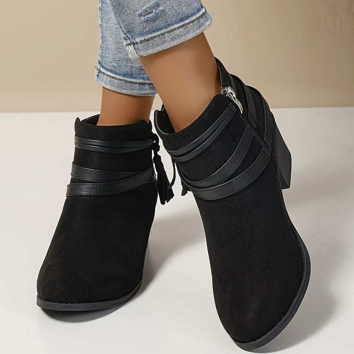 Women's Suede-Look Block Heel Ankle Boots with Tassel Straps
