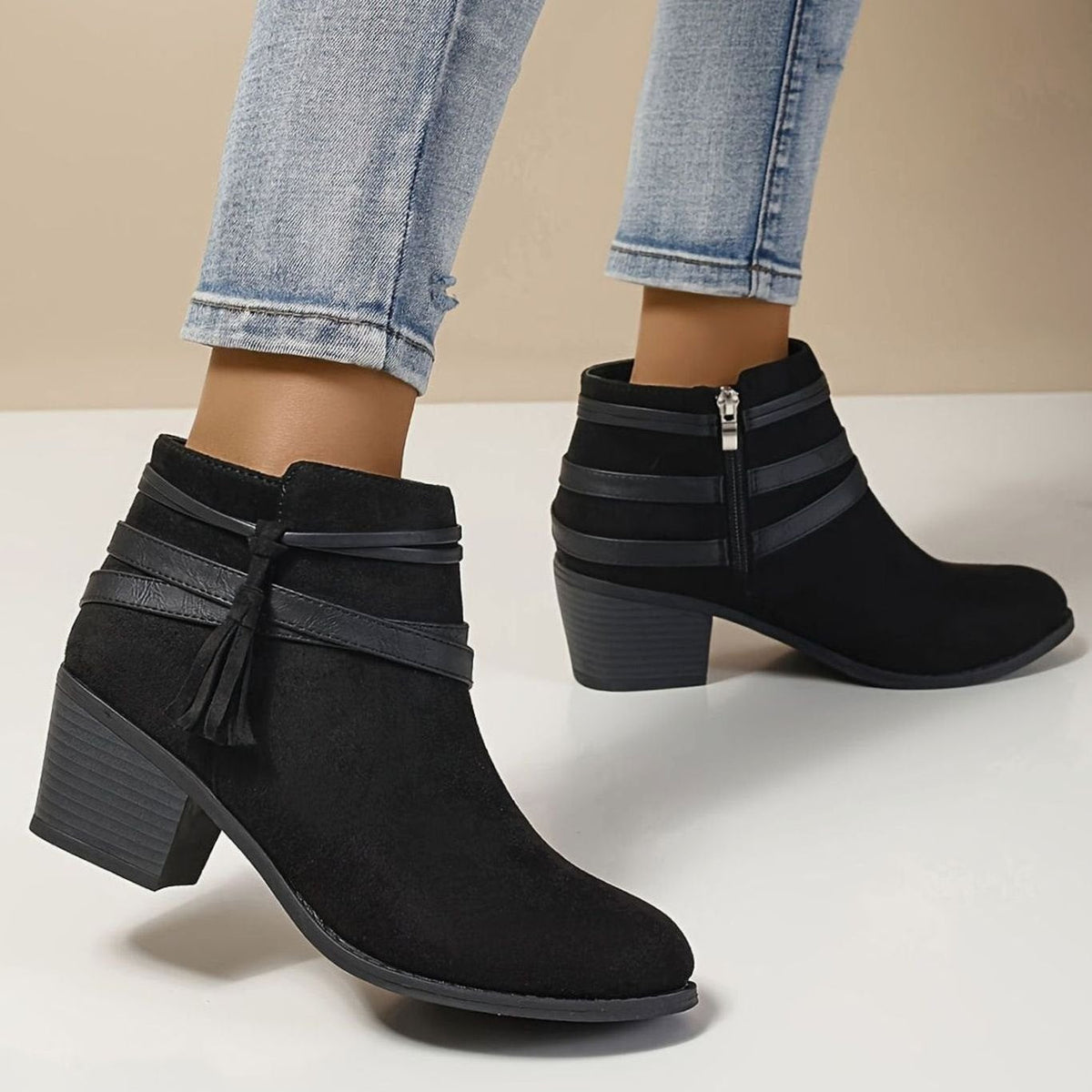 Women's Suede-Look Block Heel Ankle Boots with Tassel Straps