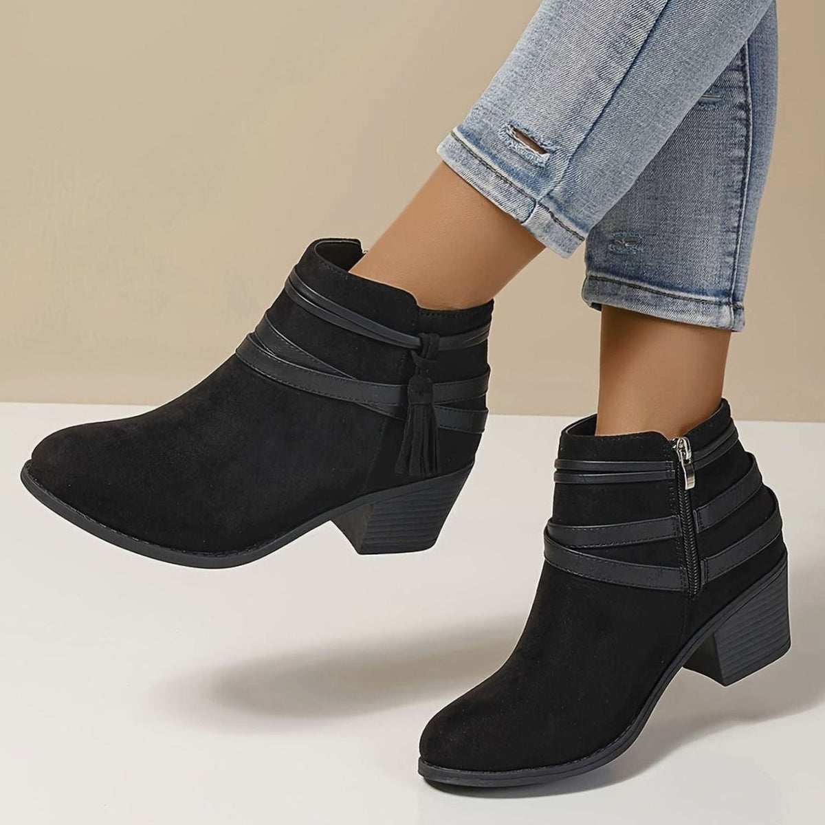 Women's Suede-Look Block Heel Ankle Boots with Tassel Straps