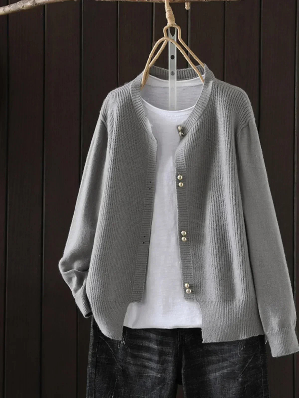 Women's Sweater with Button Placket and Ribbed Cuffs