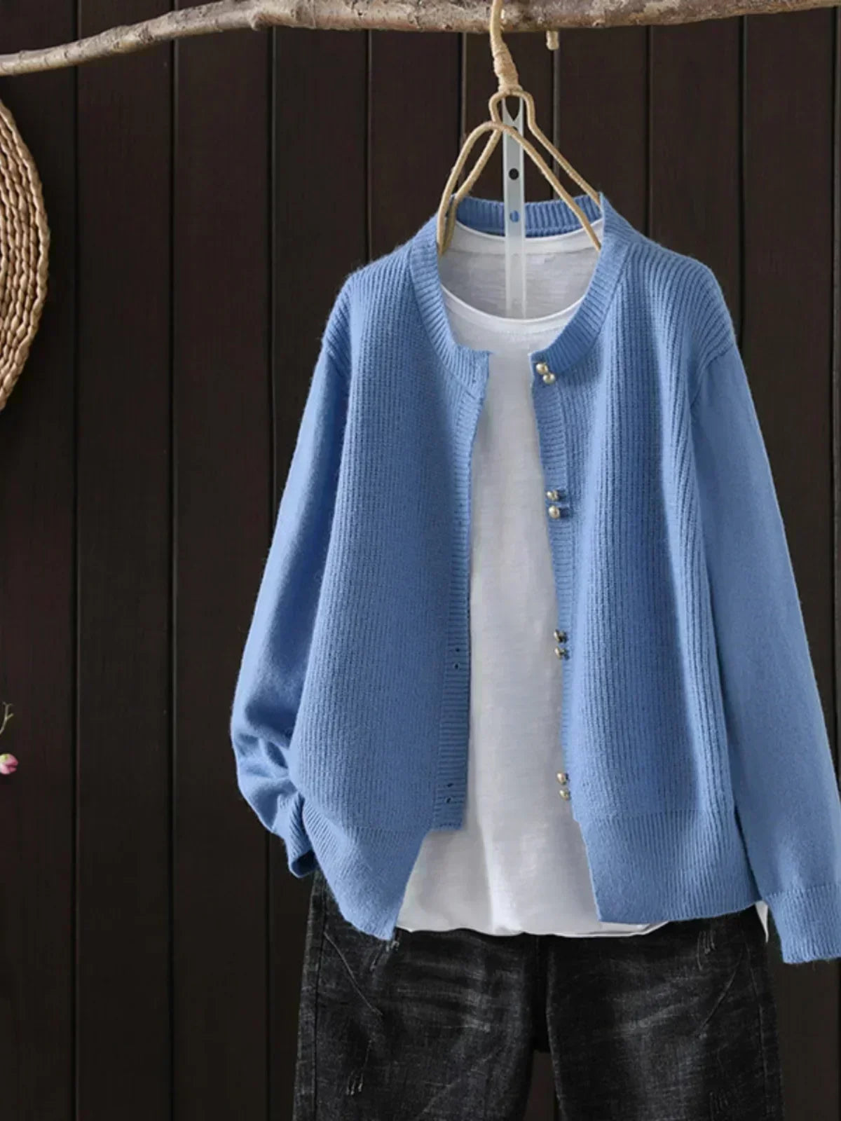Women's Sweater with Button Placket and Ribbed Cuffs