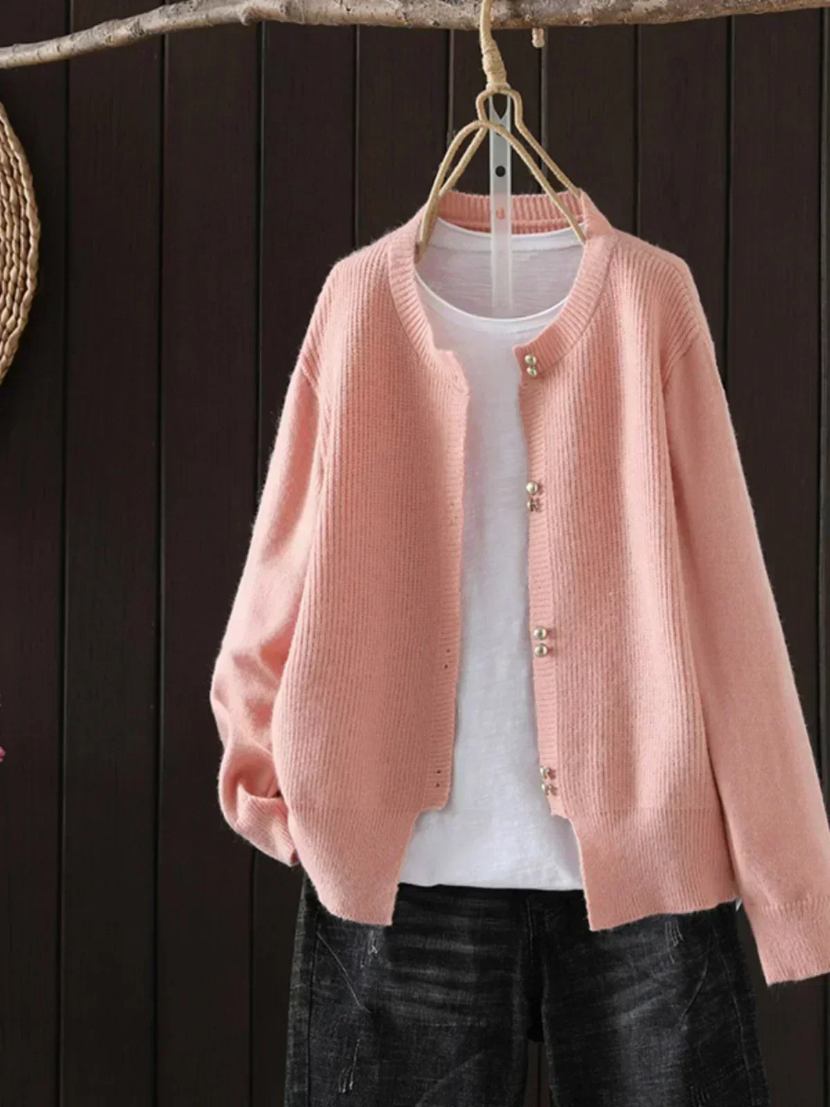 Women's Sweater with Button Placket and Ribbed Cuffs