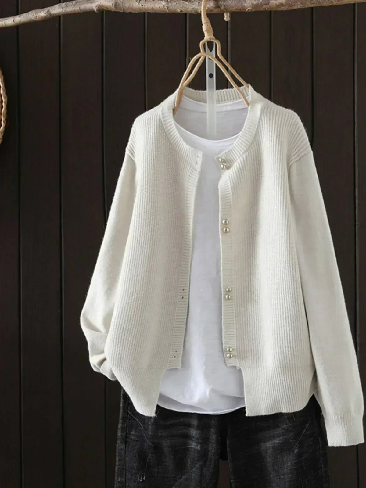Women's Sweater with Button Placket and Ribbed Cuffs