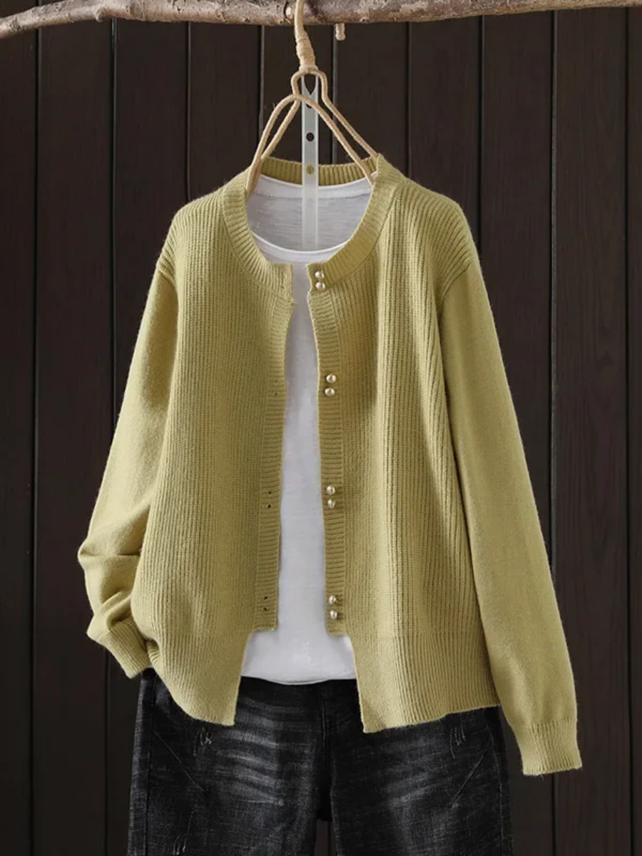 Women's Sweater with Button Placket and Ribbed Cuffs