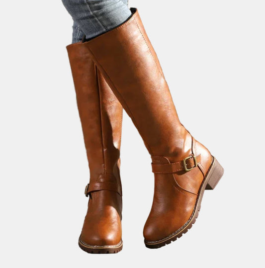 Women's Tall Knee-High Riding Boots with Low Heel and Buckle Strap