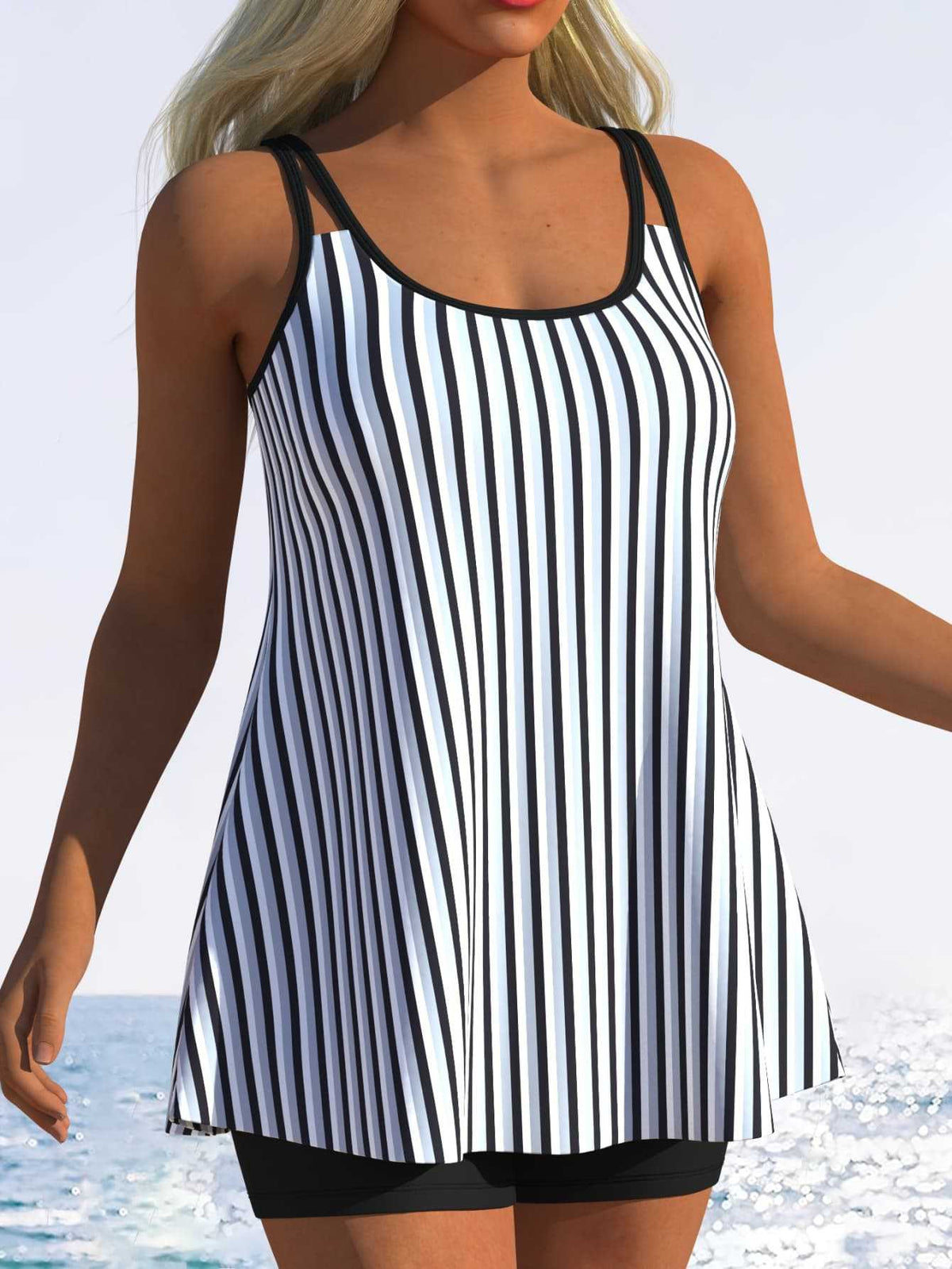 Women's Tankini with Playful Striped Pattern and Unique Cut