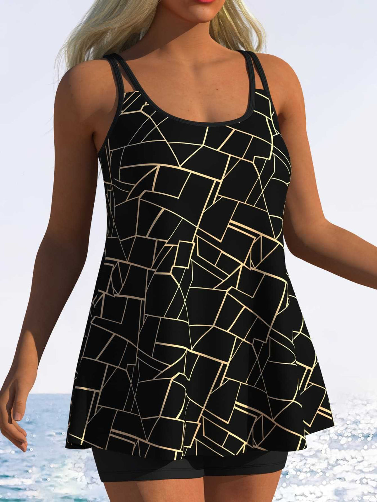 Women's Tankini with Playful Striped Pattern and Unique Cut