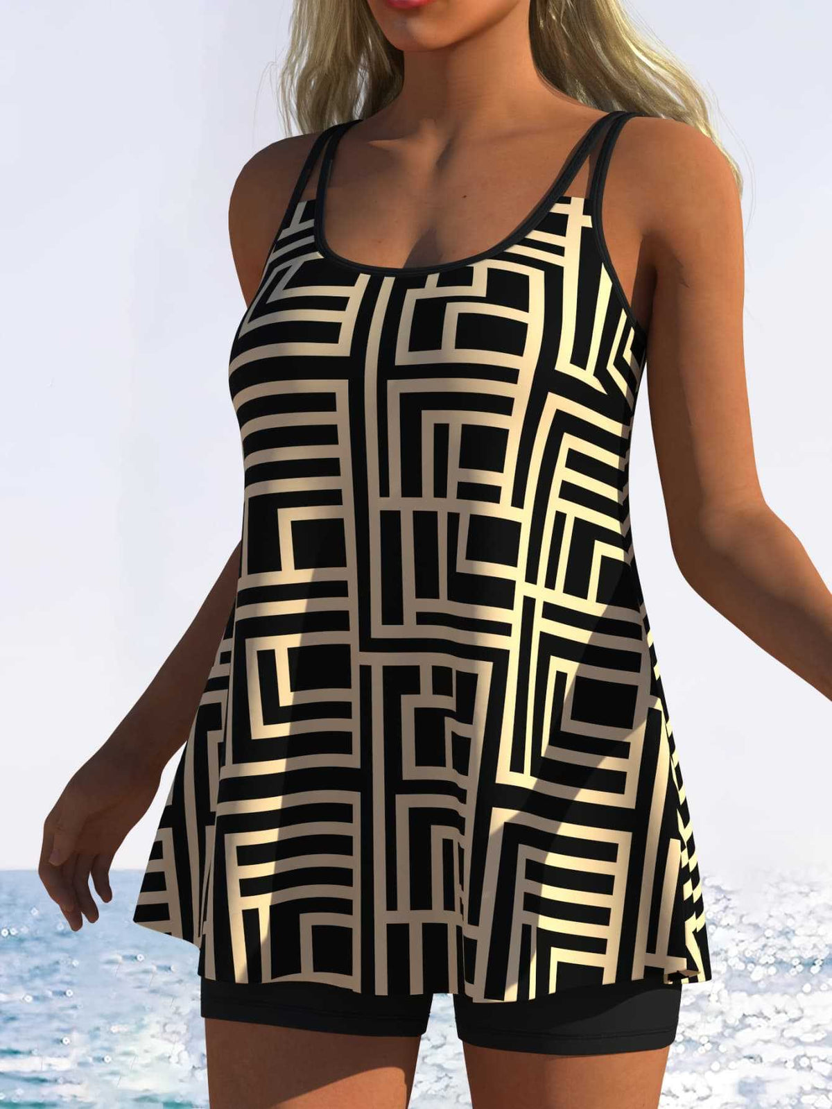 Women's Tankini with Playful Striped Pattern and Unique Cut