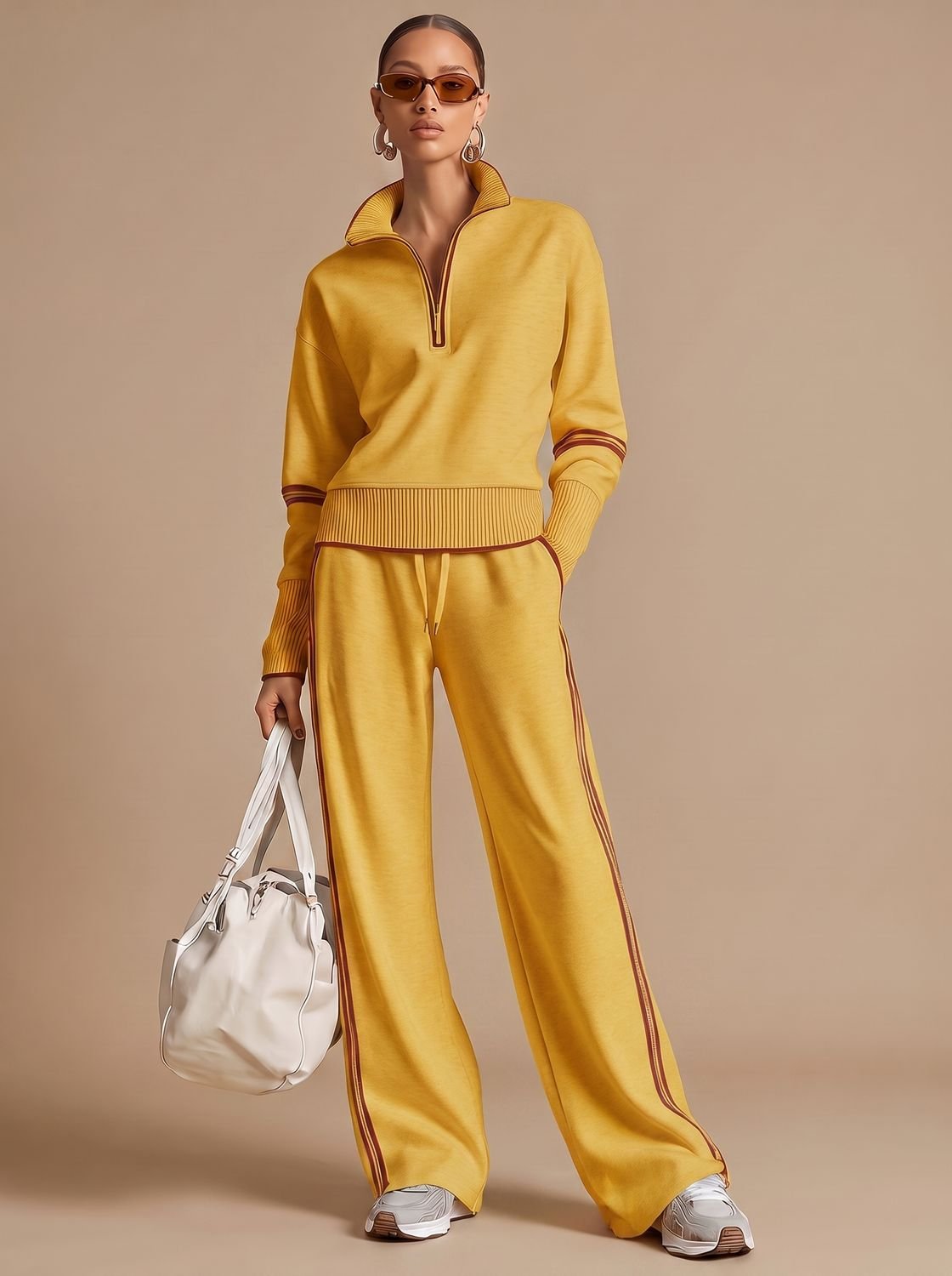Women's Two-Piece Half-Zip Wide-Leg Pants Lounge Set
