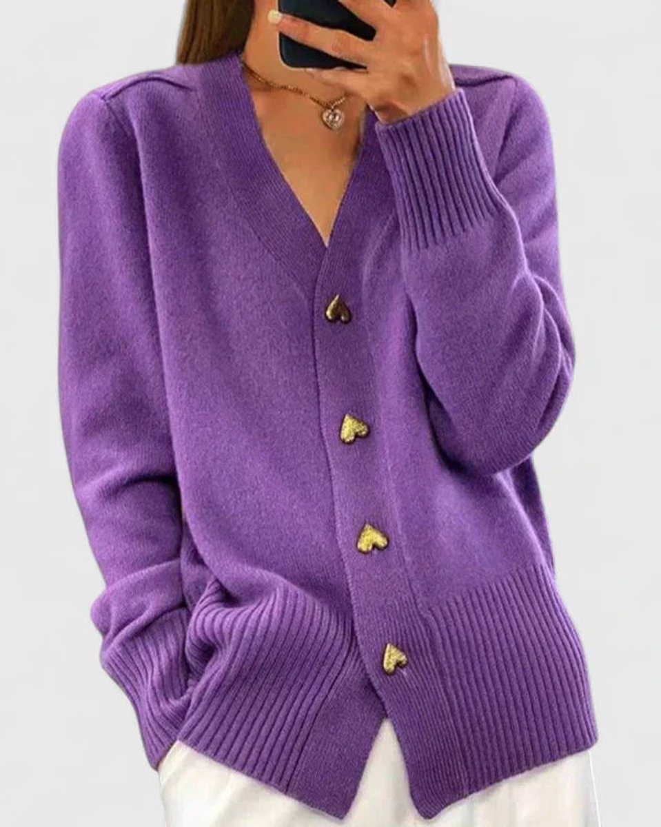 Women's V-Neck Gold Heart-Button Knit Cardigan Sweater