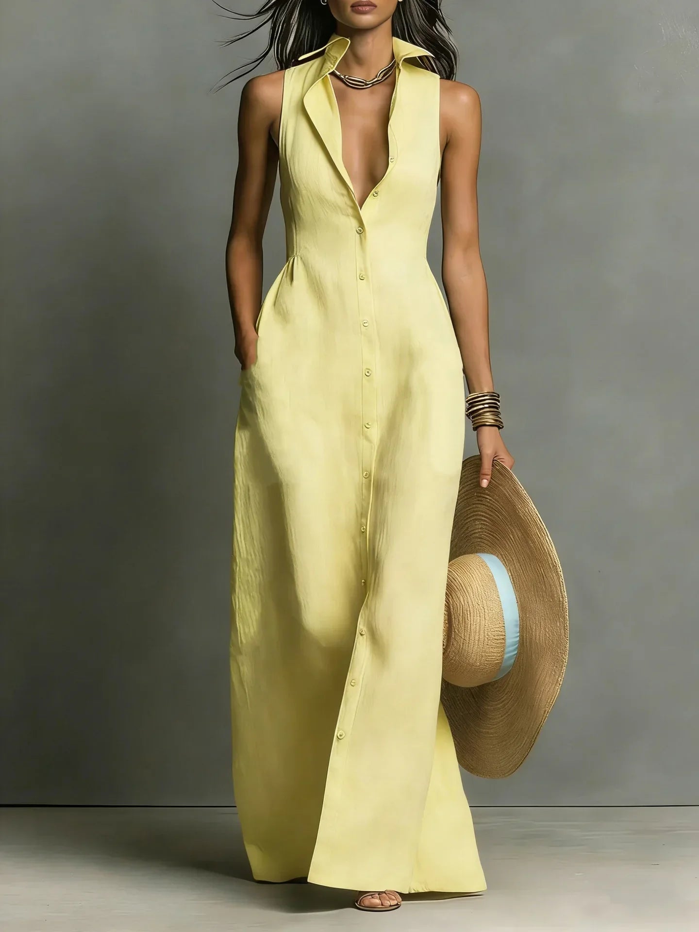 Women's V-Neck Maxi Shirt Dress
