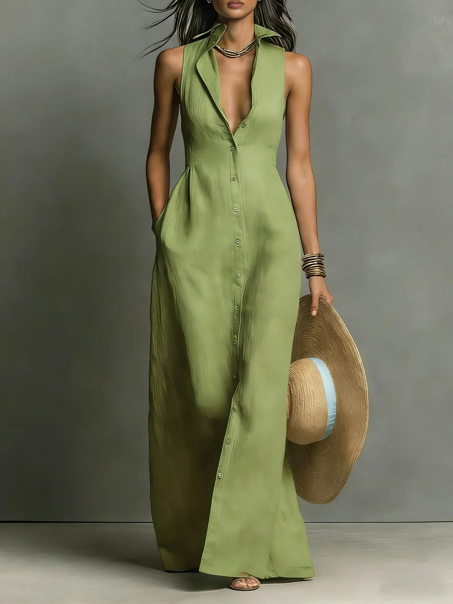 Women's V-Neck Maxi Shirt Dress