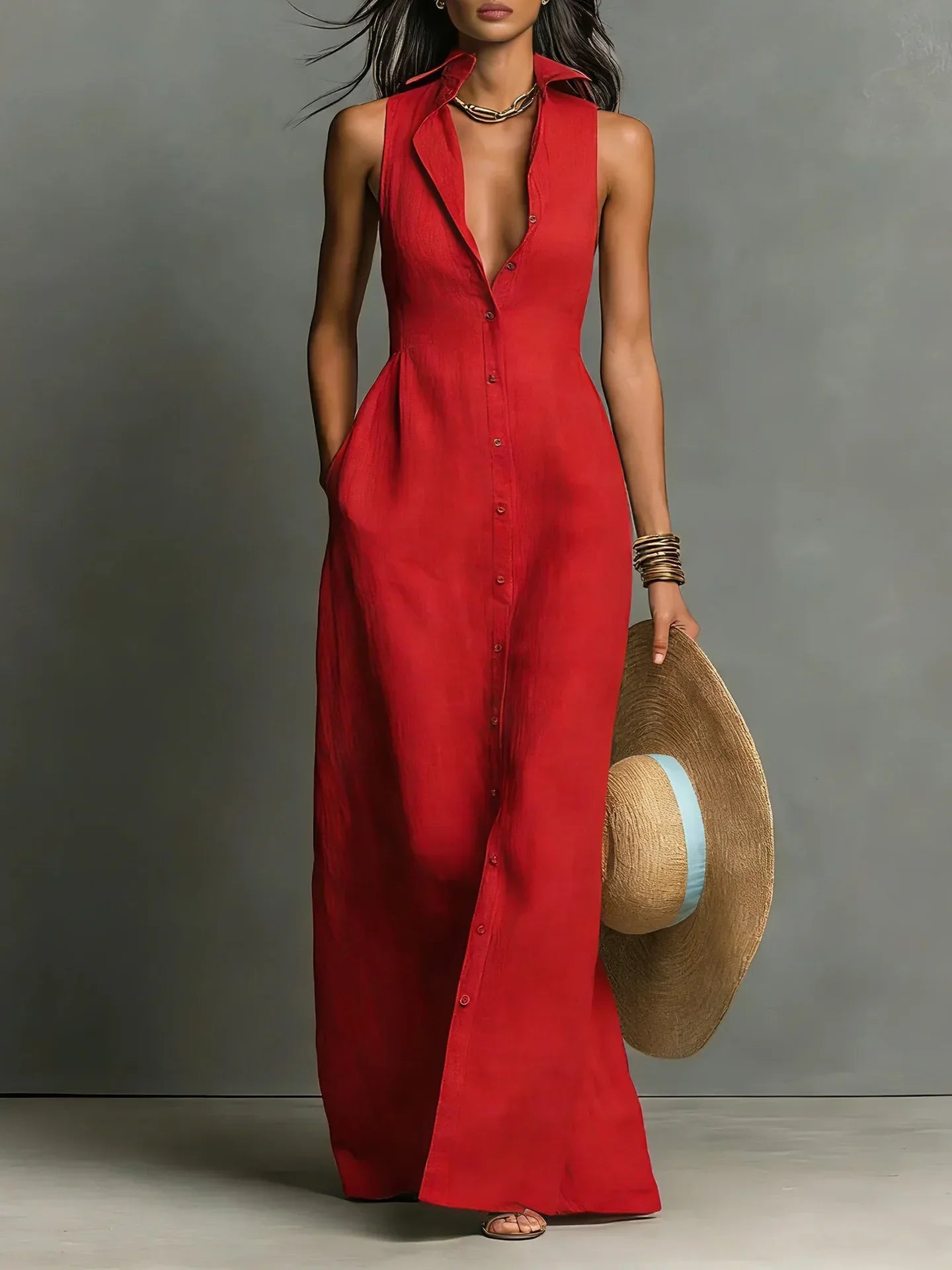 Women's V-Neck Maxi Shirt Dress