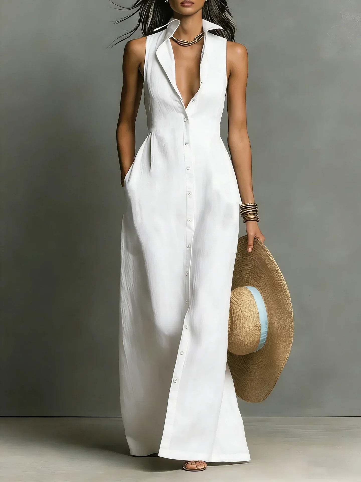 Women's V-Neck Maxi Shirt Dress