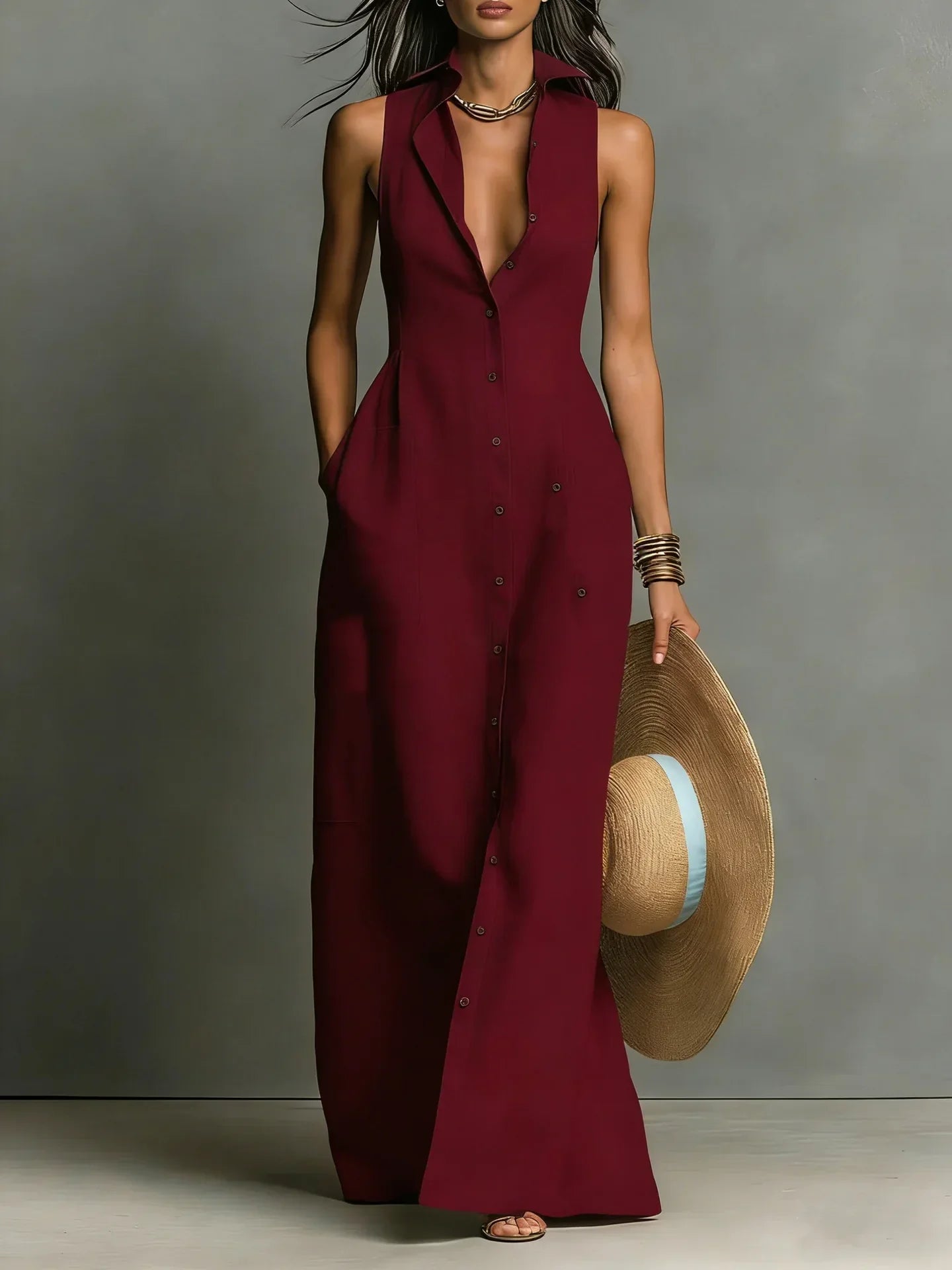 Women's V-Neck Maxi Shirt Dress