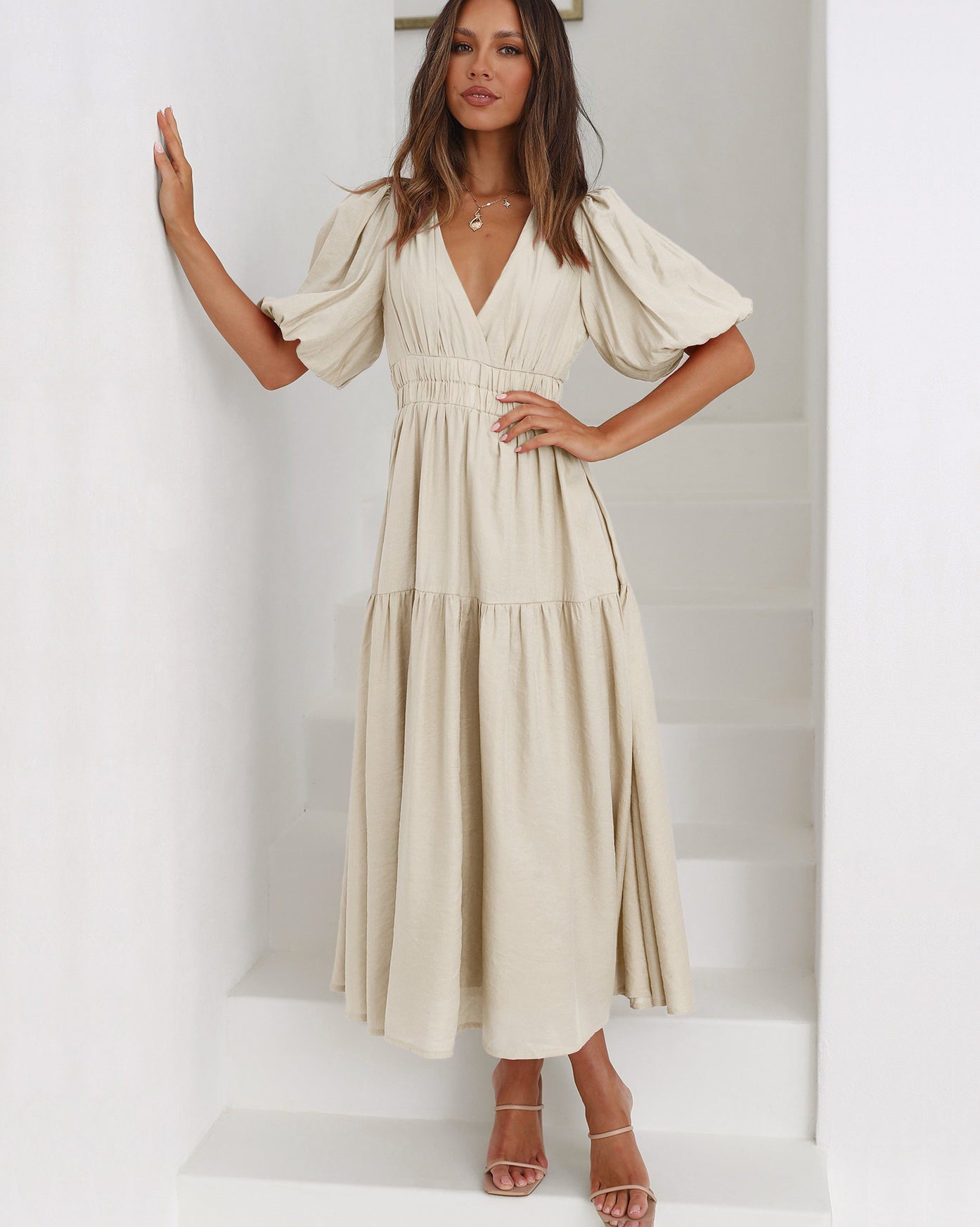 Women's V-Neck Puff Sleeve Midi Dress