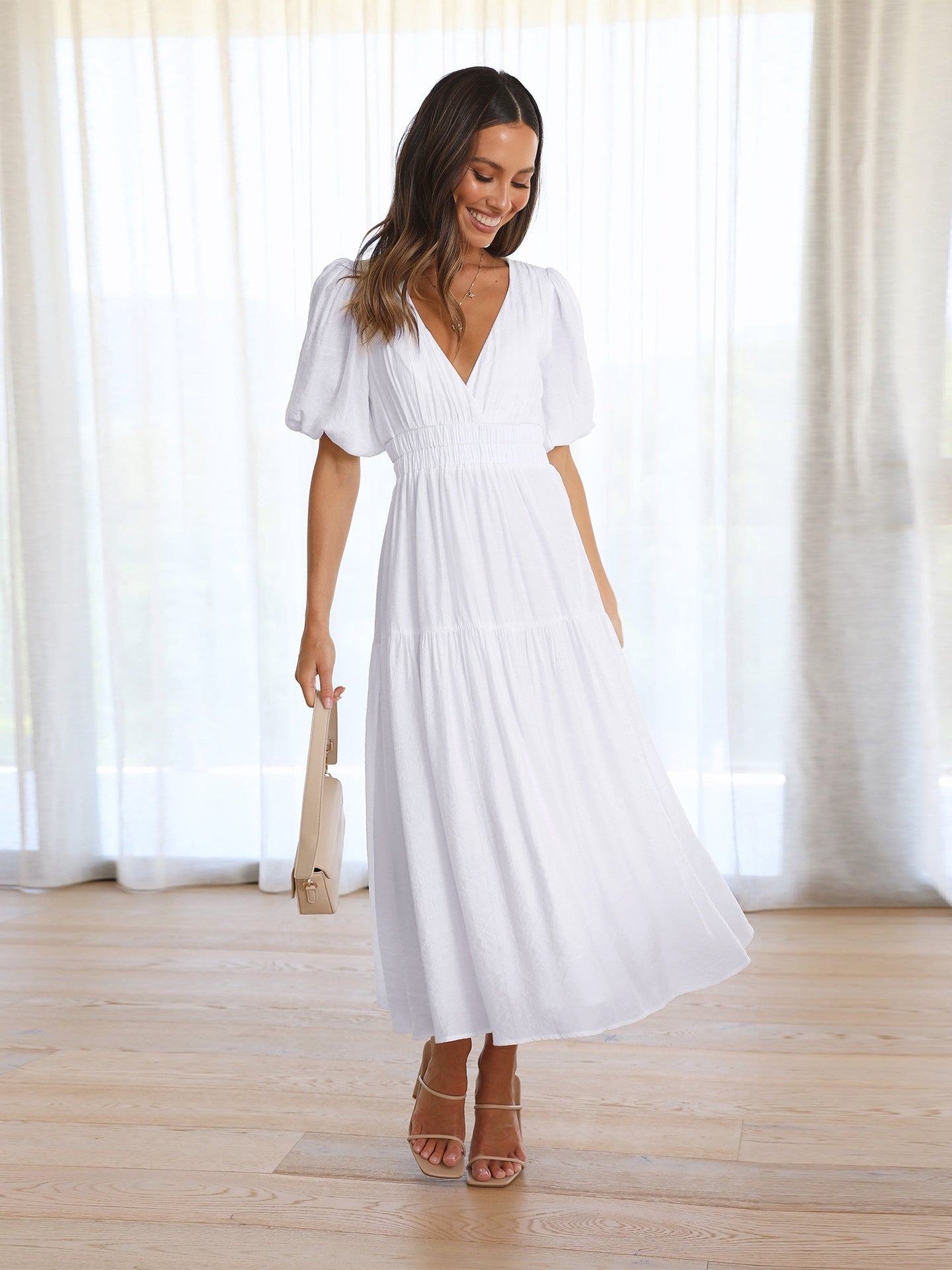 Women's V-Neck Puff Sleeve Midi Dress