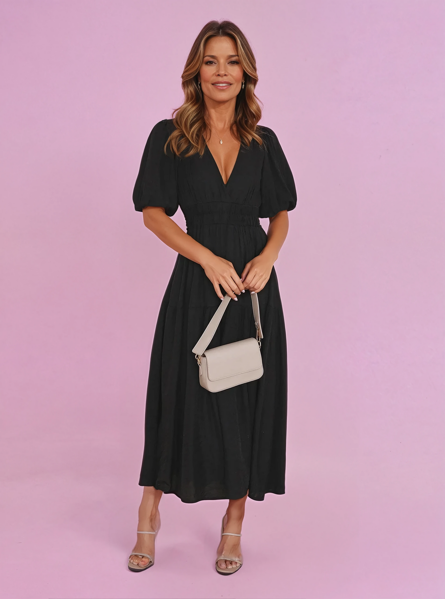 Women's V-Neck Puff Sleeve Midi Dress