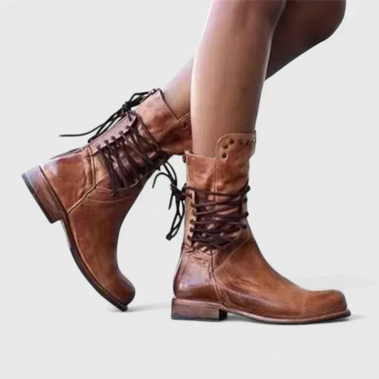 Women's Vintage Lace-Up Studded Knee-High Boots with Block Heel