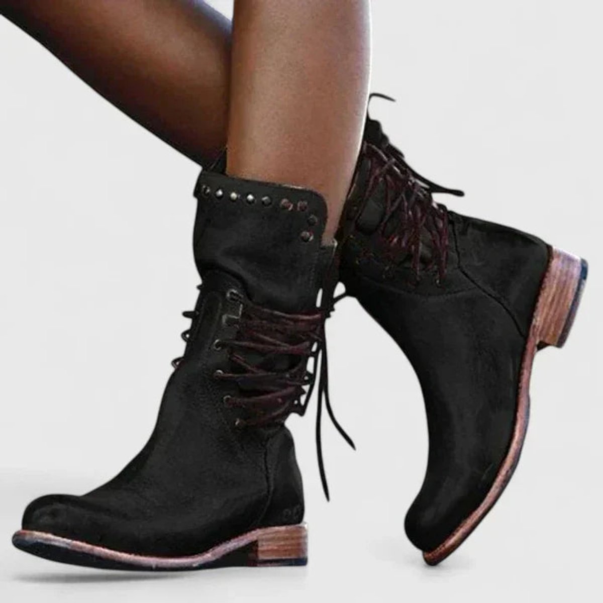 Women's Vintage Lace-Up Studded Knee-High Boots with Block Heel