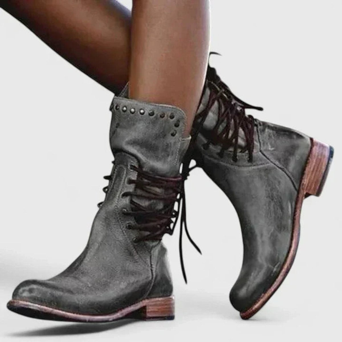 Women's Vintage Lace-Up Studded Knee-High Boots with Block Heel