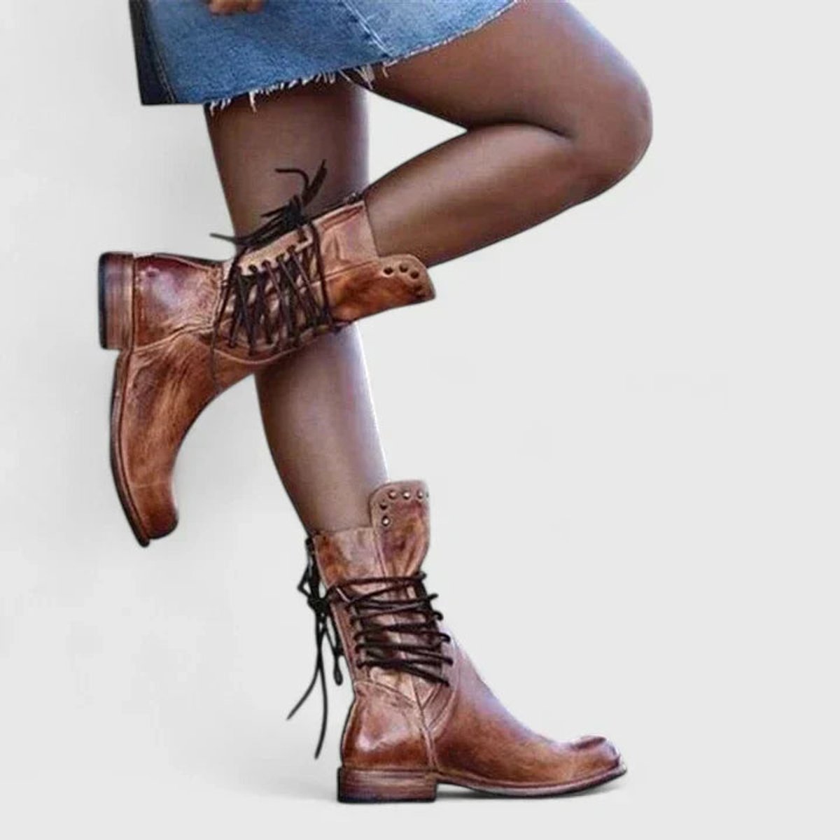 Women's Vintage Lace-Up Studded Knee-High Boots with Block Heel