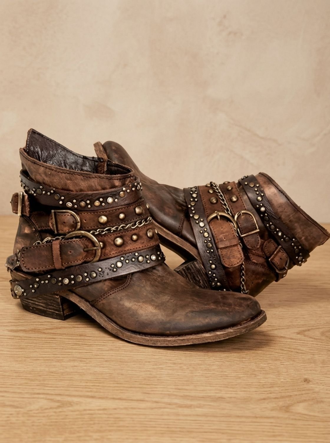 Women's Vintage Studded Buckle Strap Western Ankle Boots