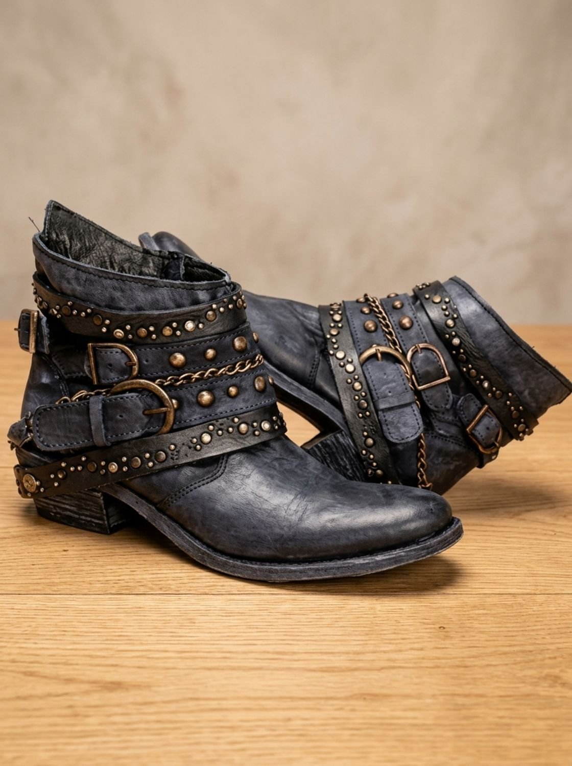 Women's Vintage Studded Buckle Strap Western Ankle Boots