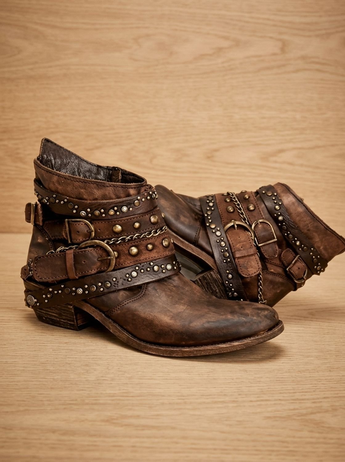 Women's Vintage Studded Buckle Strap Western Ankle Boots