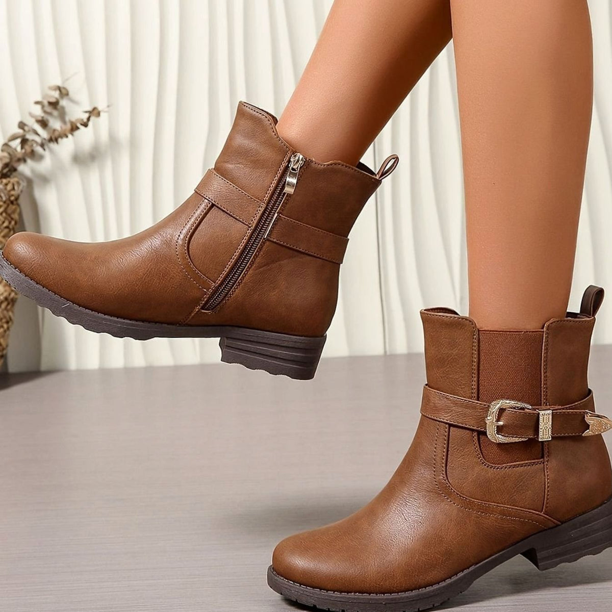 Women's Western Buckle Block Heel Chelsea Ankle Boots