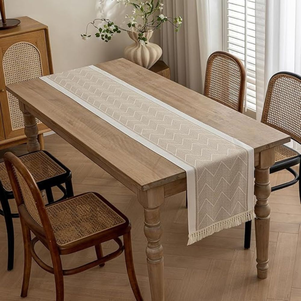 Woven Chevron Microfiber Table Runner with Tassels