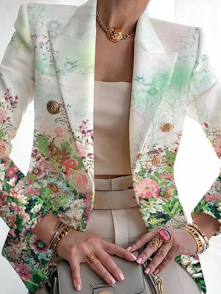 Image of Zara | Women's Floral Long Sleeve Double-Breasted Blazer