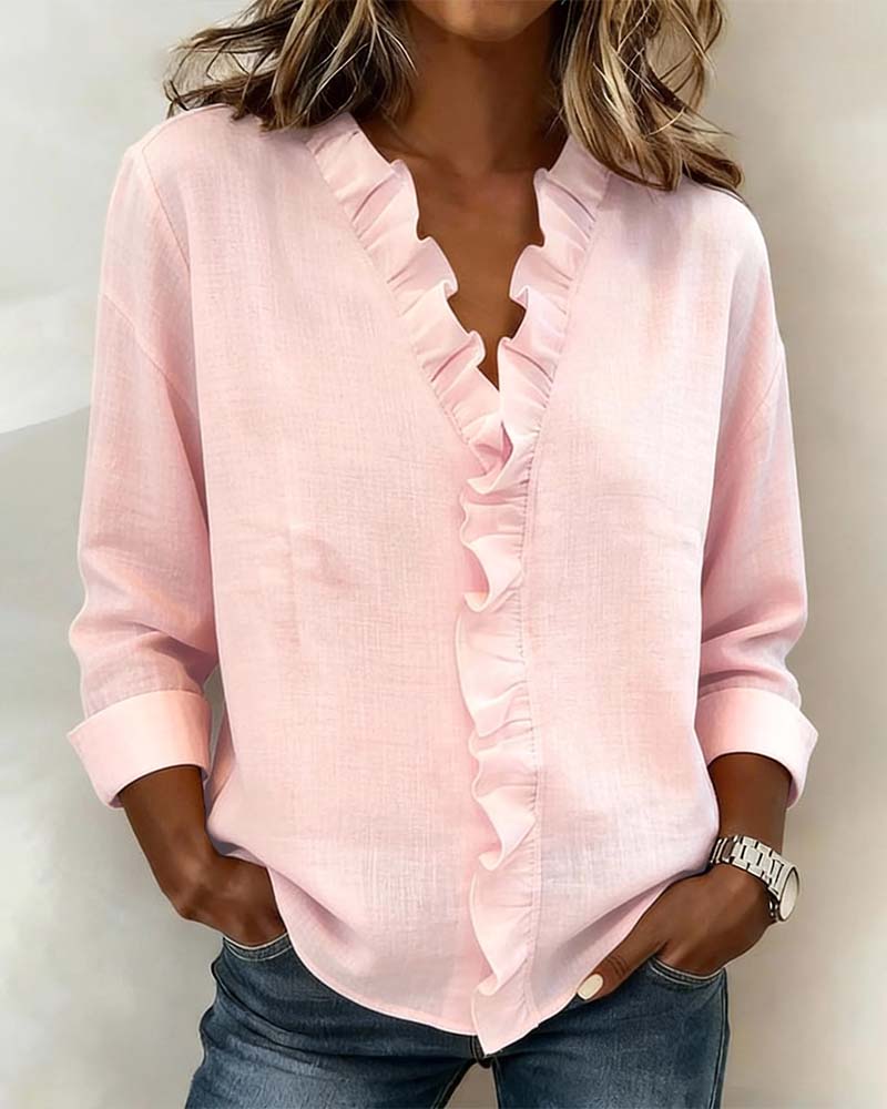 Image of Zoe | Women's Ruffle V-Neck Long Sleeve Blouse