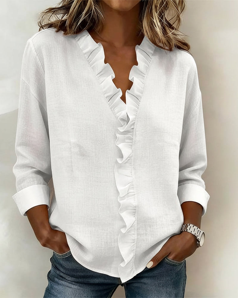 Image of Zoe | Women's Ruffle V-Neck Long Sleeve Blouse