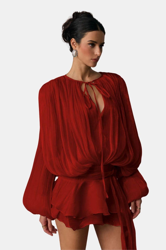 Image of Zoe | Women's Tie Neck Long Sleeve Mini Dress